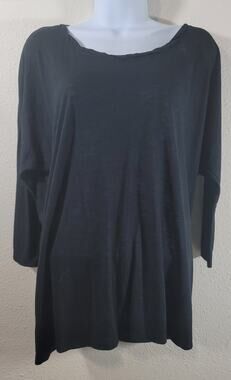 Cato Black Slub Knit Round Folded Collar Top Large Lightweight Soft Stretchy
